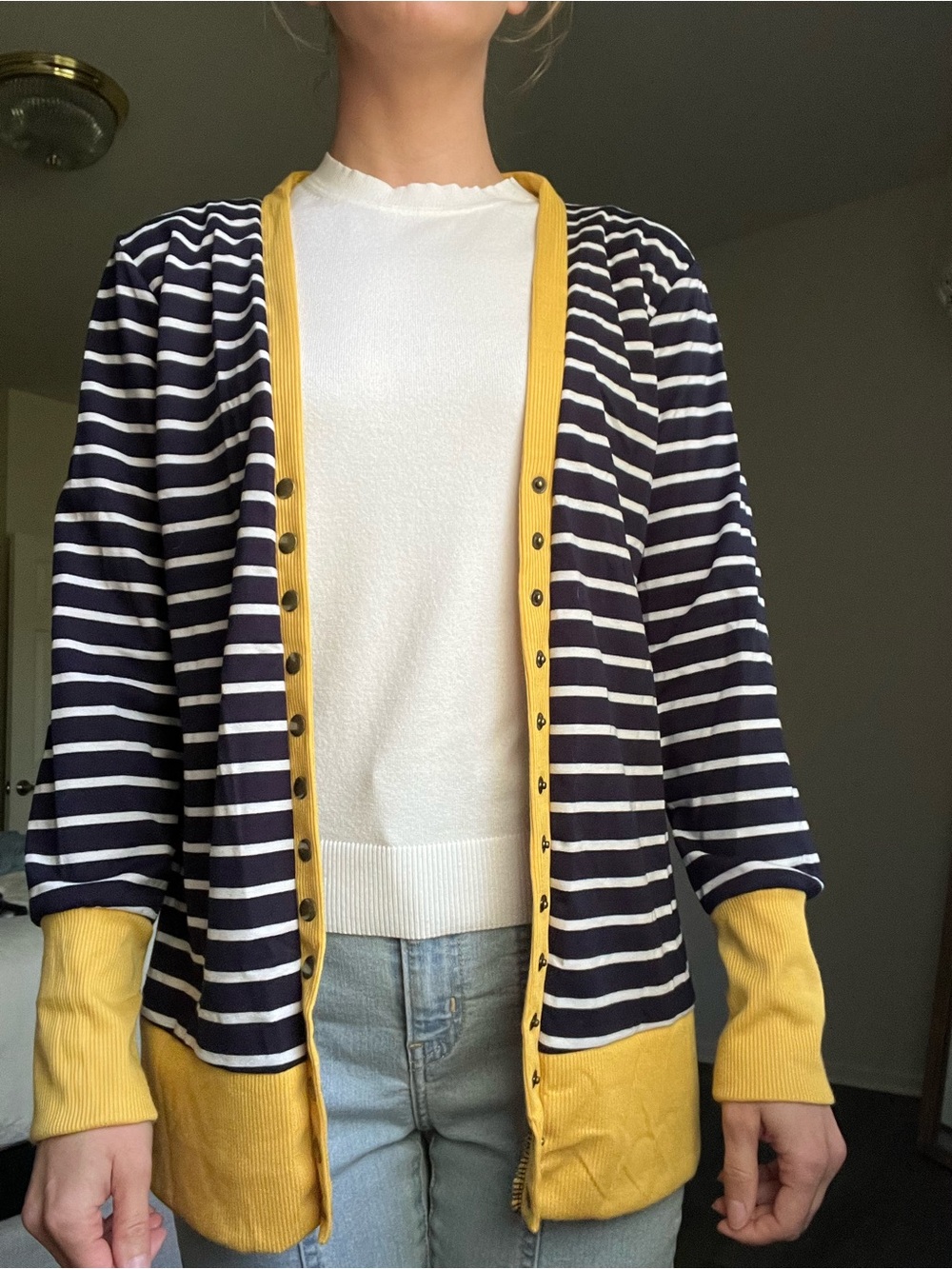 Striped Navy & White Cardigan with Mustard Trim
